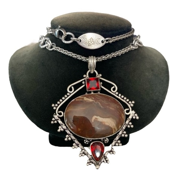 925 sterling silver overlay genuine red jasper stone boho steel chain necklace - Picture 4 of 13